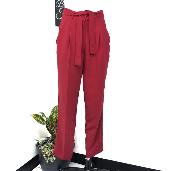 Vintage Pants - Vintage Belted High Waist Red Trousers 6P
